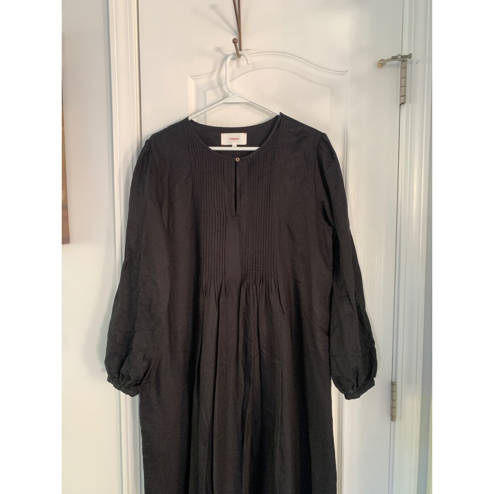 Xirena Black Cotton Silk Pleated Bib‎ Midi Dress Long Sleeve Pockets Small boho